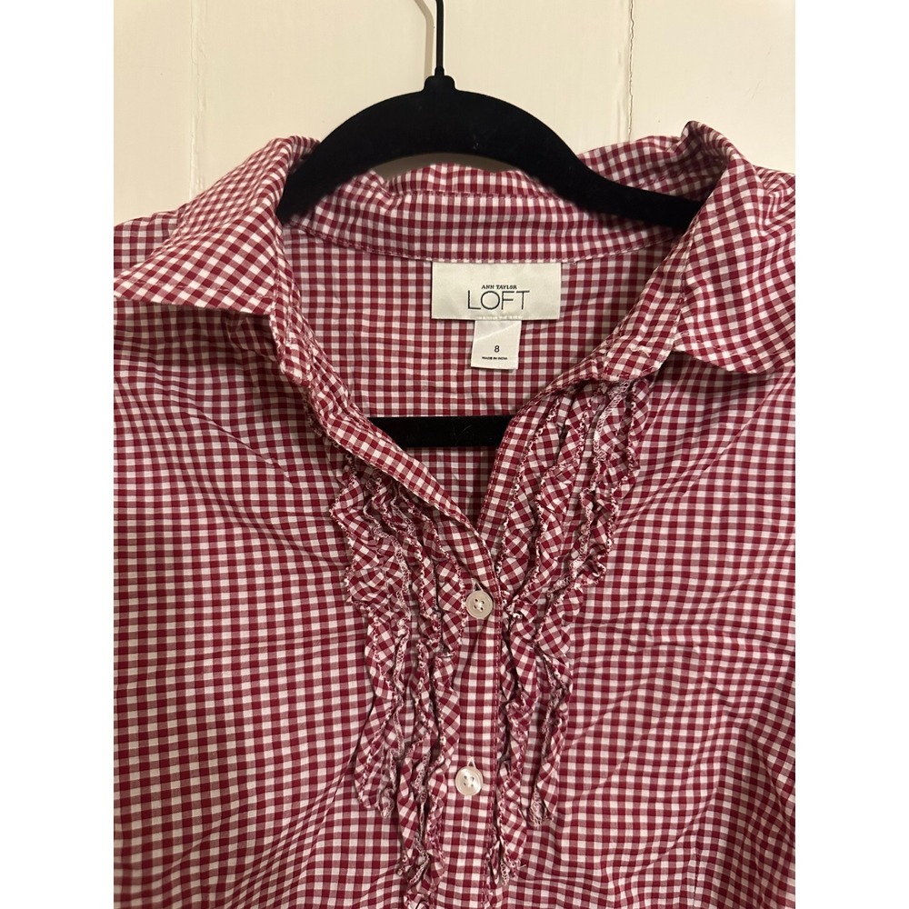 Loft Red Gingham Ruffle Button Front Short Puff S… - image 5